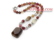 Three Colored Jade Necklace with Agate Pendant and Tibet Silver Access